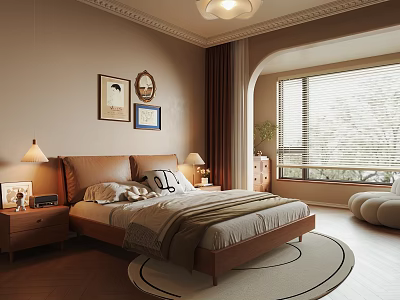 Warm Toned Bedroom Interior With Wooden Bed Table Lamps Decorative Paintings And Round Rug 3d model