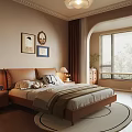 Warm Toned Bedroom Interior With Wooden Bed Table Lamps Decorative Paintings And Round Rug