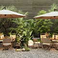Outdoor Table with Large Umbrellas and Chairs and Green Plants Around on Gravel Ground