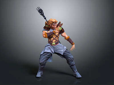 Legendary Warrior Character With Golden Hair Ornate Armor And Trident In Combat Stance 3d model