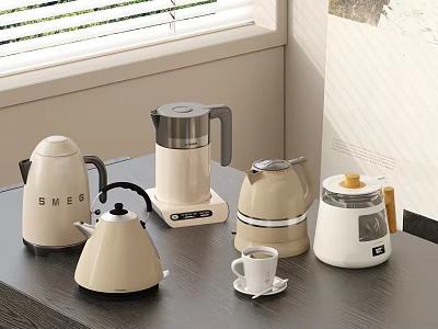Modern minimalist kitchen appliances featuring beige white kettles small cup and saucer on table 3d model