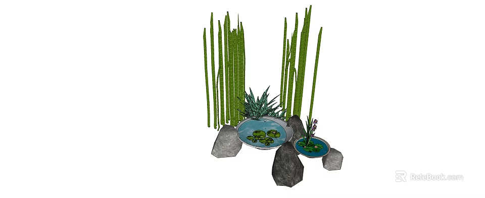 Garden Ornament With Small Ponds Aquatic Plants Tall Grasses And Lily Pads On Stones 3d model 