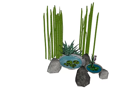 Garden Ornament With Small Ponds Aquatic Plants Tall Grasses And Lily Pads On Stones 3d model