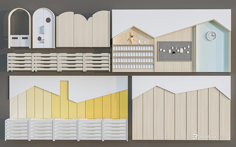 Creative Background Wall Design Ideas With Arched Wooden Panels And Geometric Yellow Patterns 3d model