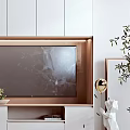 Modern TV Wall Unit Design With White Cabinets Wooden Shelves And Decorative Plants