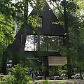 Modern Detached House Nestled in Forest with Angled Black Roofs and Illuminated Windows