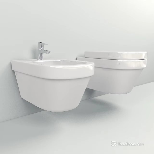 White Wall Mounted Toilet with Modern Wall Mounted Sink in Bathroom 3d model 