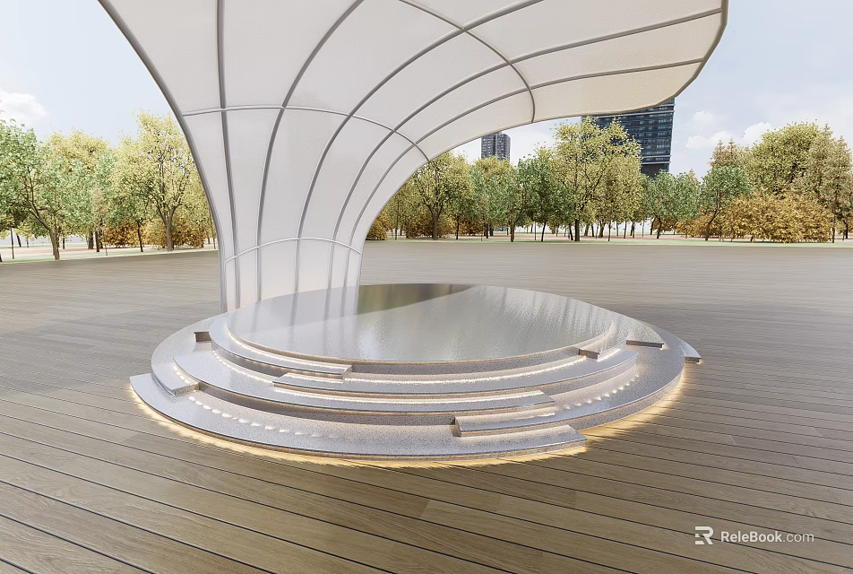 Modern Outdoor Curved Canopy Structure With Circular Platform Wooden Deck Trees And Buildings 3d model 