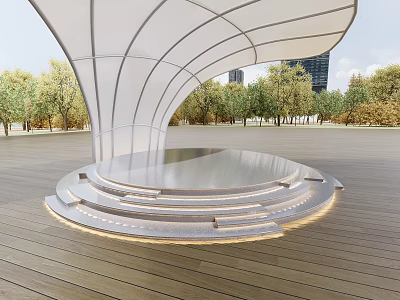 Modern Outdoor Curved Canopy Structure With Circular Platform Wooden Deck Trees And Buildings 3d model