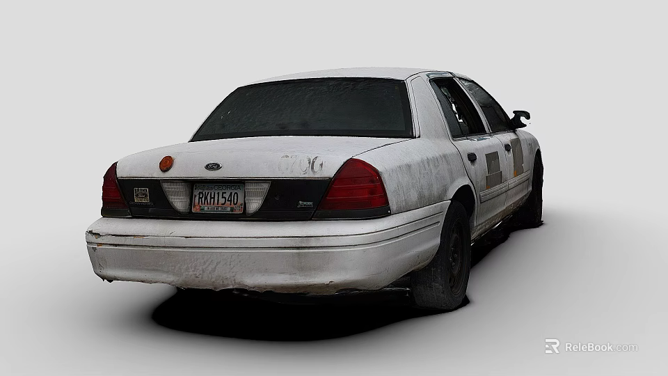 Rear View Of Dusty White Police Car With Exterior Police Lights And Badge 3d model 