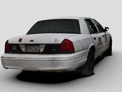 Rear View Of Dusty White Police Car With Exterior Police Lights And Badge 3d model