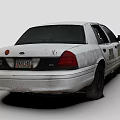 Rear View Of Dusty White Police Car With Exterior Police Lights And Badge