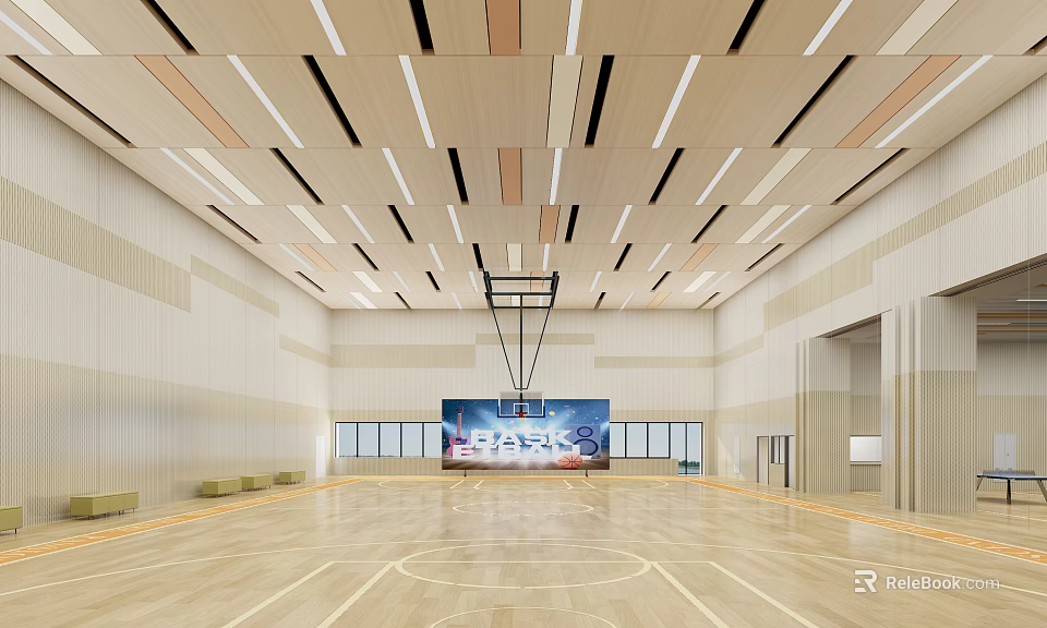 Modern Basketball Gym Interior With Open Space Wooden Floor Ceiling Lights And Large Screen 3d model 
