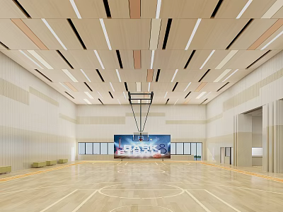 Modern Basketball Gym Interior With Open Space Wooden Floor Ceiling Lights And Large Screen 3d model
