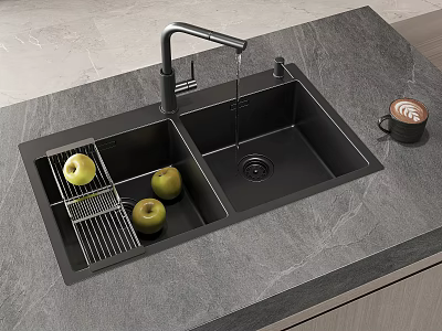 Black Double Bowl Kitchen Sink With Faucet Drainer Rack Green Apples And Coffee Cup 3d model