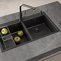 Black Double Bowl Kitchen Sink With Faucet Drainer Rack Green Apples And Coffee Cup