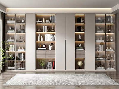 Modern Built In Bookcase With Glass Doors Books Decorations Green Plants And Lighting 3d model