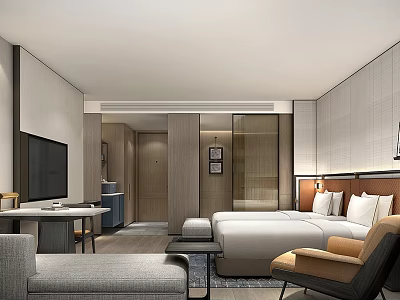 Modern Hotel Guest Room Interior With King Bed Flat Screen TV And Armchair 3d model