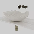 Petal Shaped Above Counter Bathroom Sink With Light Colored Countertop And Vintage Brass Faucet