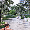 Residential Landscape with High Rise Buildings Green Trees Lawns and People Enjoying Outdoor Space
