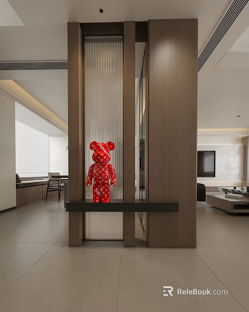 Modern Foyer Hallway With Wooden Partition Red Decorative Bear And Open Living Area 3d model 