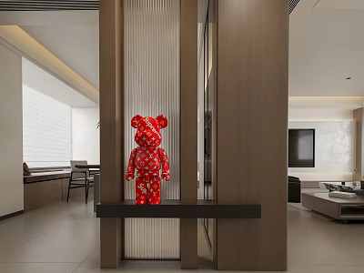 Modern Foyer Hallway With Wooden Partition Red Decorative Bear And Open Living Area 3d model