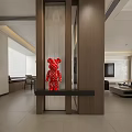 Modern Foyer Hallway With Wooden Partition Red Decorative Bear And Open Living Area