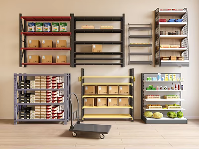 Various Types And Colors Display Shelves Storing Boxes Canned Goods Fruits With Hand Truck 3d model