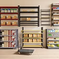 Various Types And Colors Display Shelves Storing Boxes Canned Goods Fruits With Hand Truck