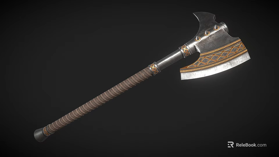 Medieval Battle Axe Weapon With Metal Blade And Leather Wrapped Decorative Handle 3d model 