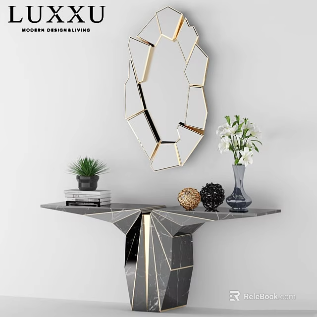 Modern Functional Marble Console Table With Geometric Mirror Potted Plant And Decorative Items 3d model