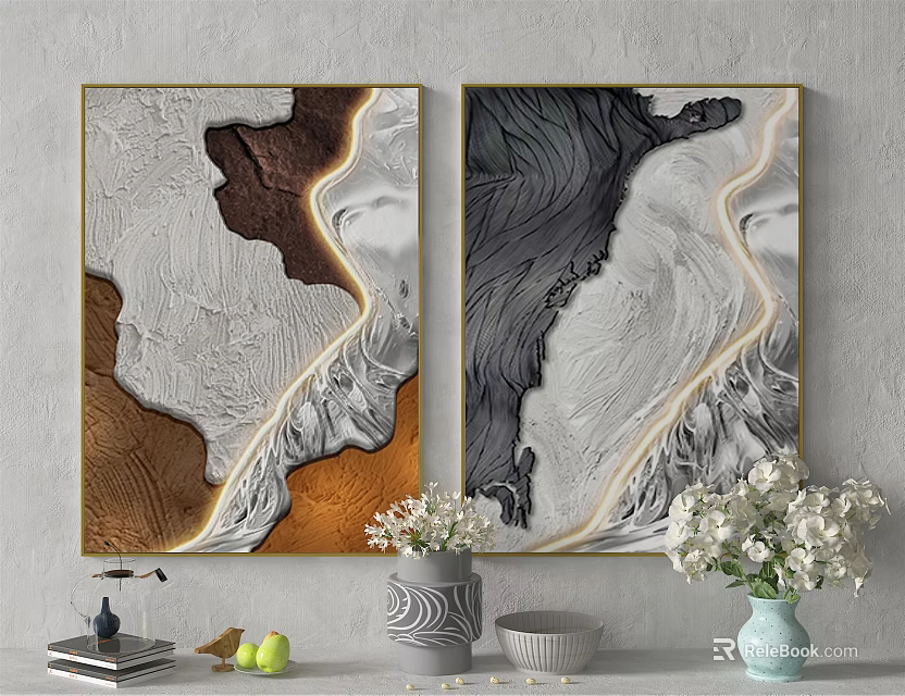 Abstract Wall Art In Gold Frames With Vases And Home Decor Accents 3d model 