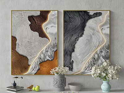 Abstract Wall Art In Gold Frames With Vases And Home Decor Accents 3d model