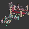 Cartoon Scene Built with Toy Bricks Featuring Stage Audience Seats Speakers and Colorful Small Characters
