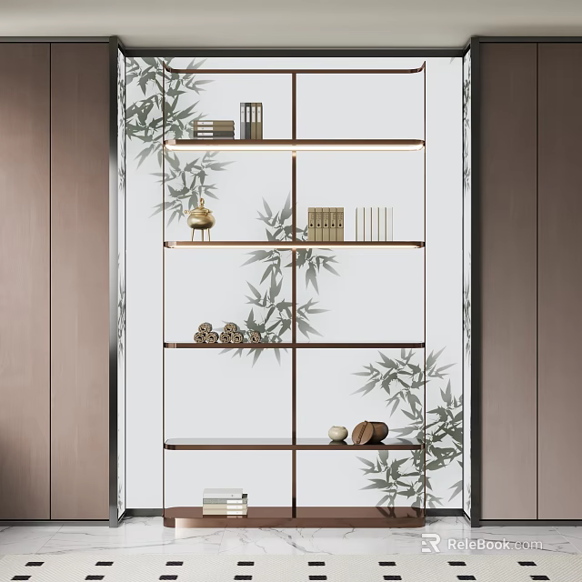 Modern Shelf Cabinet With Glass Doors Bamboo Pattern And Decorative Wooden Shelves 3d model 