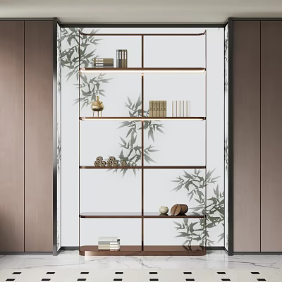 Modern Shelf Cabinet With Glass Doors Bamboo Pattern And Decorative Wooden Shelves 3d model