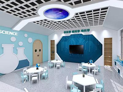 Kindergarten Science Classroom Blue Walls Circuit Board TV White Tables Blue Chairs Starry Ceiling Light 3d model