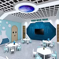 Kindergarten Science Classroom Blue Walls Circuit Board TV White Tables Blue Chairs Starry Ceiling Light