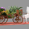 Floral Art Installation Featuring White Horse Sculpture Pulling Wooden Carriage With Flowers And Greenery
