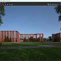 Red Brick Office Building With Large Windows Green Lawn People Walking Blue Sky Flying Birds