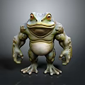 Muscular Frog With Large Yellow Eyes Green And Yellow Body Cartoon 3D Model Standing Pose