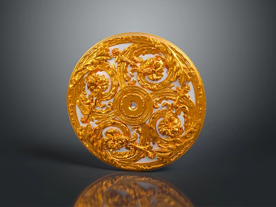 Golden Circular Decorative Plate With Intricate Floral Carvings And Central Design 3d model