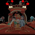 Traditional Chinese Wedding Scene With Red Sedan Chair Bride Groom And Decorative Lanterns