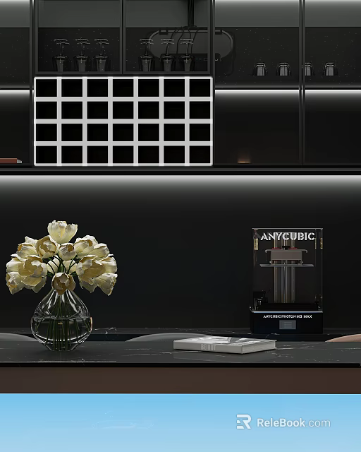 White Flowers in Transparent Glass Vase with ANYCUBIC Device Book and White Grid Decoration 3d model 