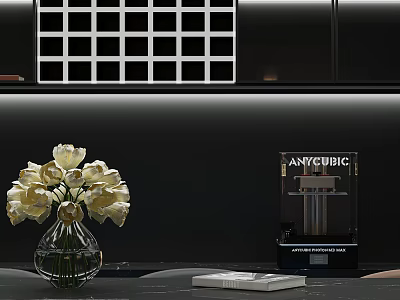 White Flowers in Transparent Glass Vase with ANYCUBIC Device Book and White Grid Decoration 3d model