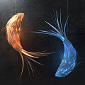 Glowing Fish Shaped Chandeliers In Orange And Blue With Feathery Tails