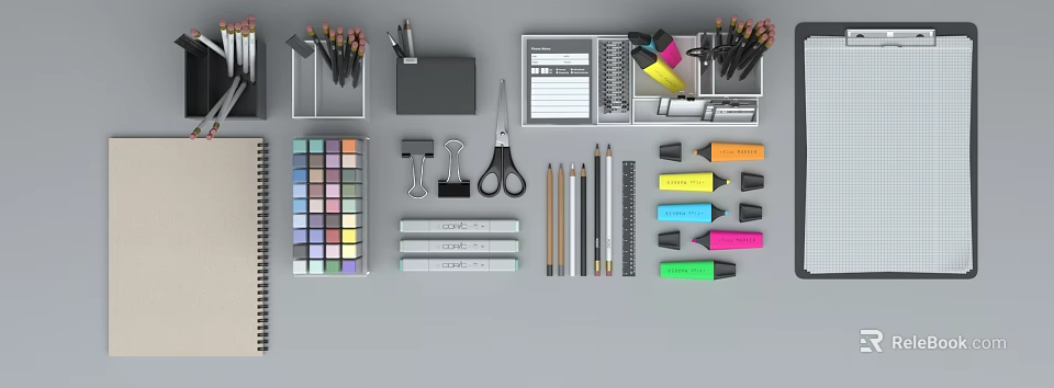 Complete Office Stationery Supplies With Pencils Markers Scissors Paper Clips Notebooks And Organizers 3d model 