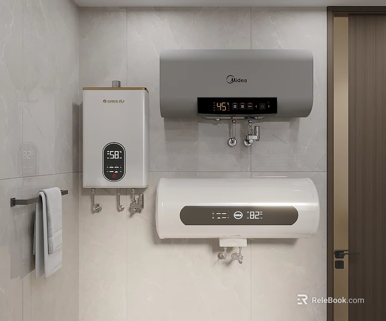 Two Wall Mounted Water Heaters In Modern Bathroom With Digital Displays 3d model 