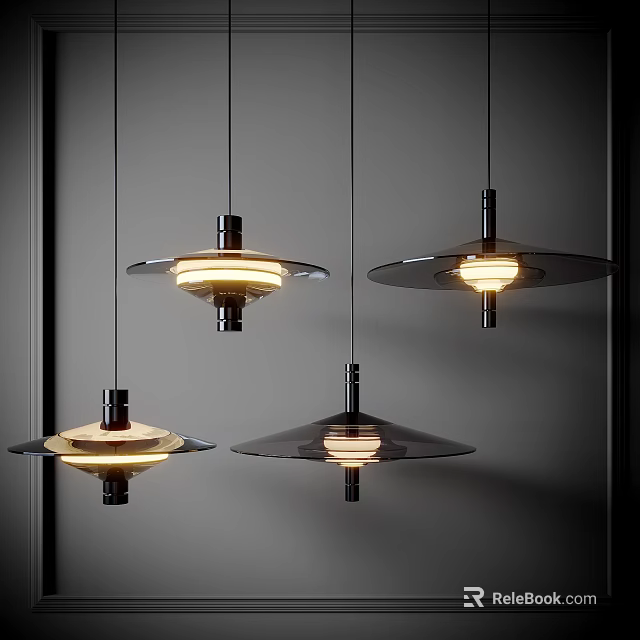 Modern Minimalist Pendant Lights with Circular Transparent Shades Dark Frames and Warm Glow 3d model 