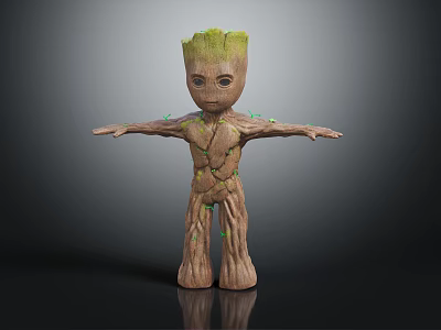 Standing Tree Character With Wooden Body And Green Moss Head Arms Outstretched 3d model